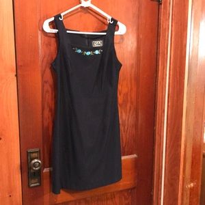 Vintage City Triangles navy blue and bright blue floral embroidered mini dress